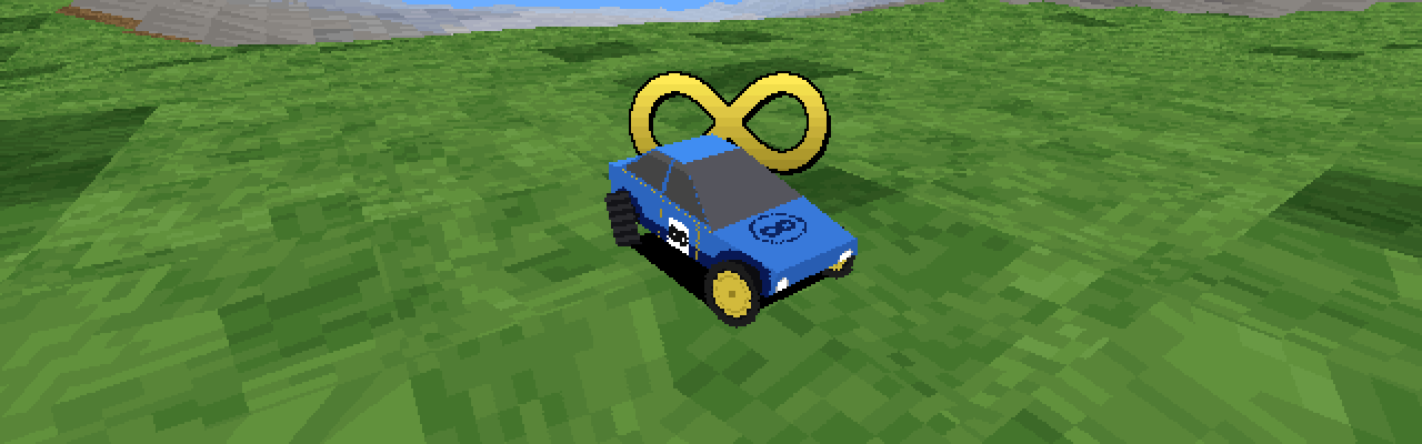 The game's blue car under the yellow infinity sign on a green field